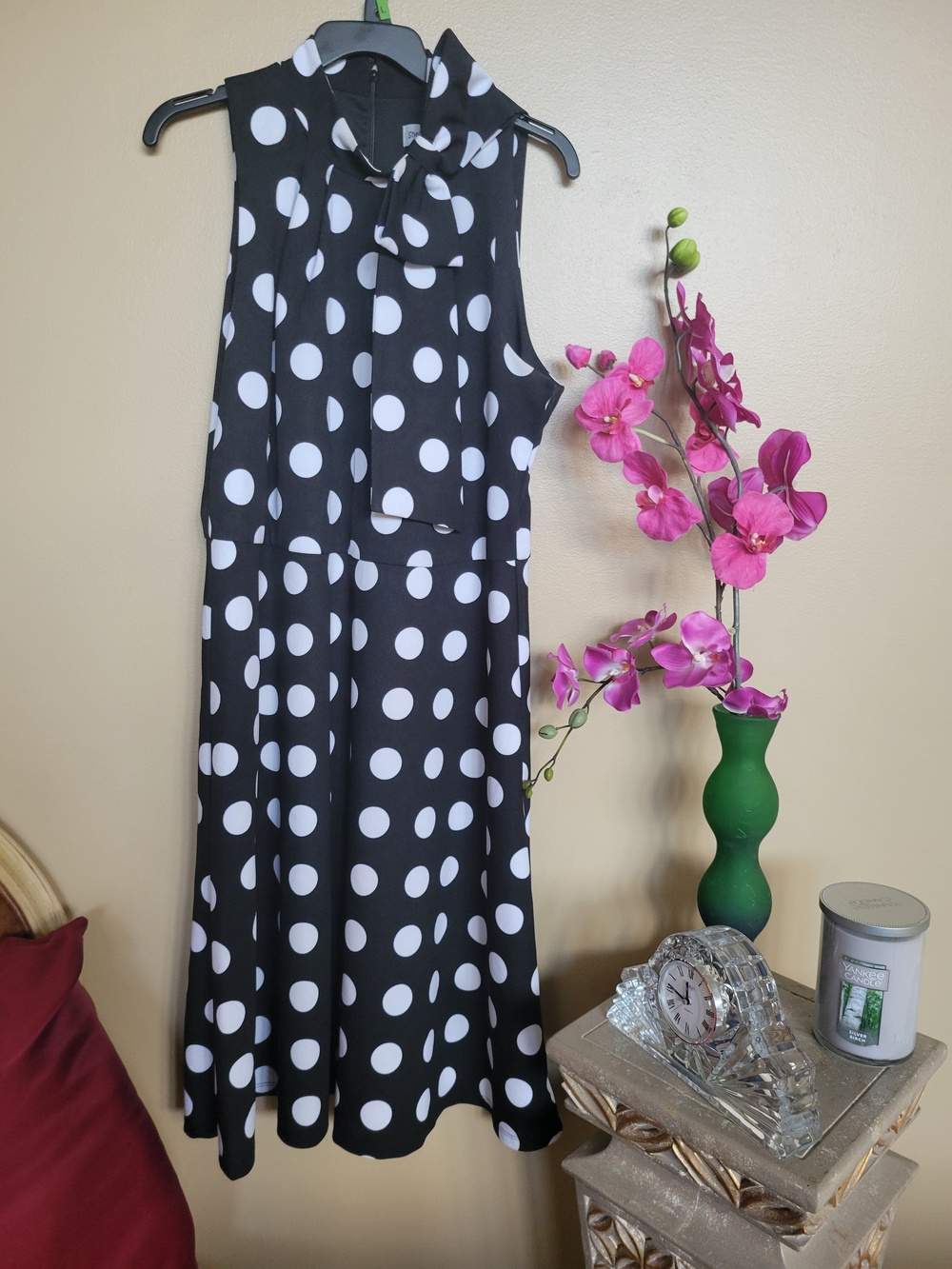Shelby & Palmer Black and White Polka Dot Tie-Neck Dress